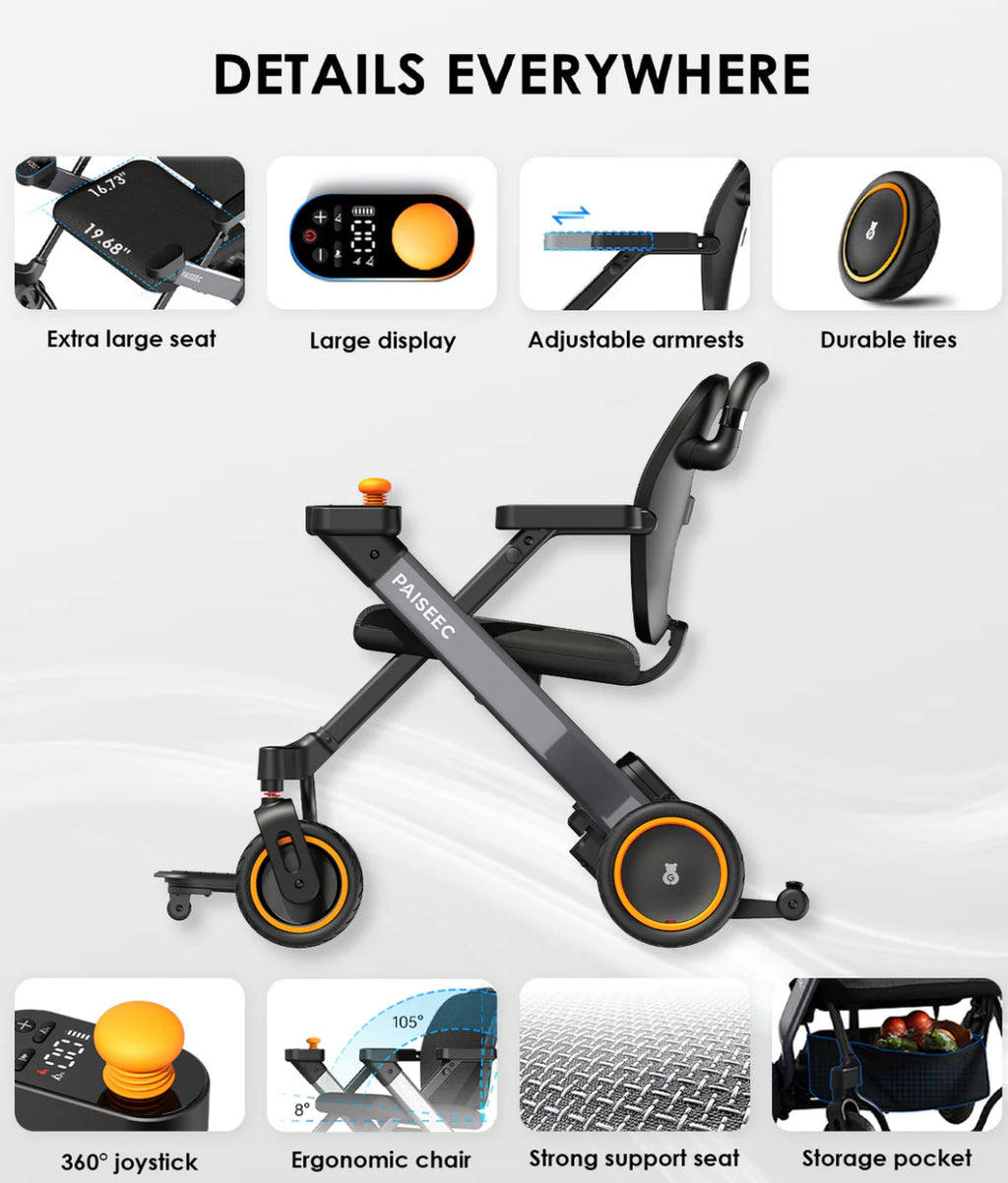 Paiseec W3 Elektrorollstuhl – Detailansicht mit Joystick, Display, Armlehnen, Sitz und Reifen