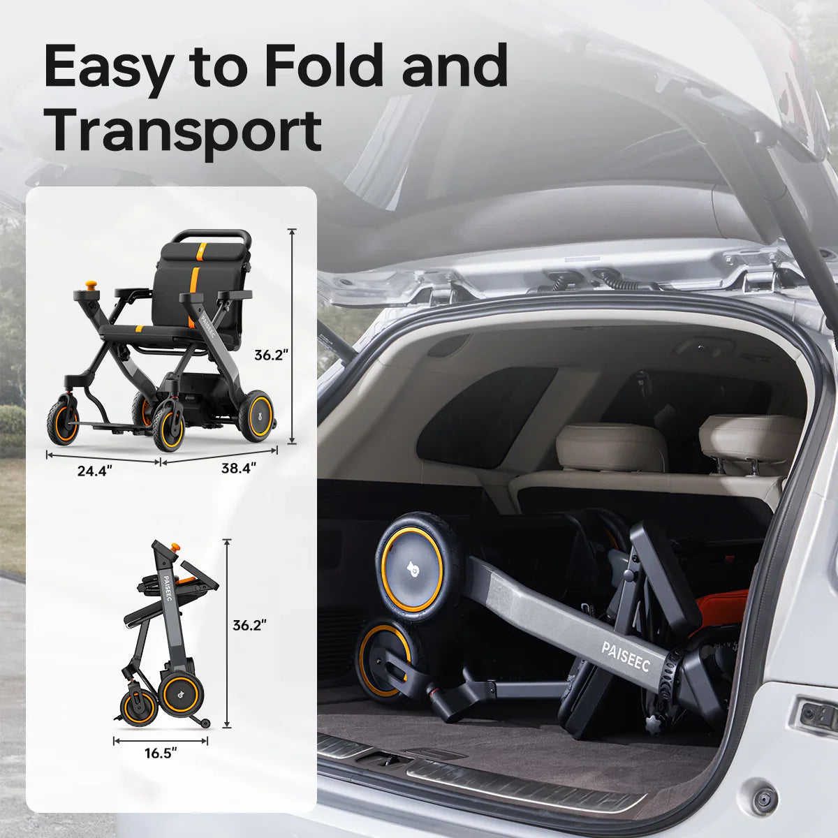 Paiseec W3 faltbarer Elektrorollstuhl – kompakte Maße und einfacher Transport im Auto